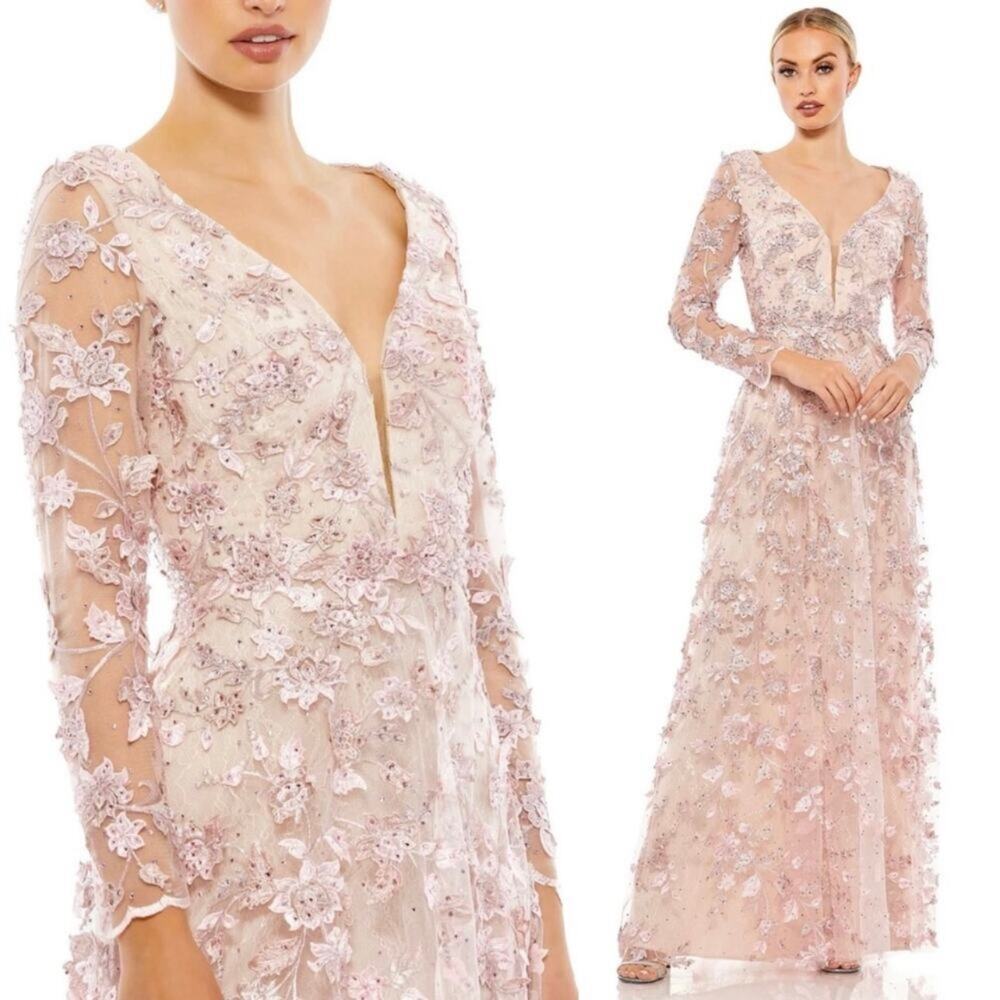 Mac Duggal Pink Floral Applique Illusion Long Sleeve Gown 70224 Sz 6 NWT - Picture 2 of 9